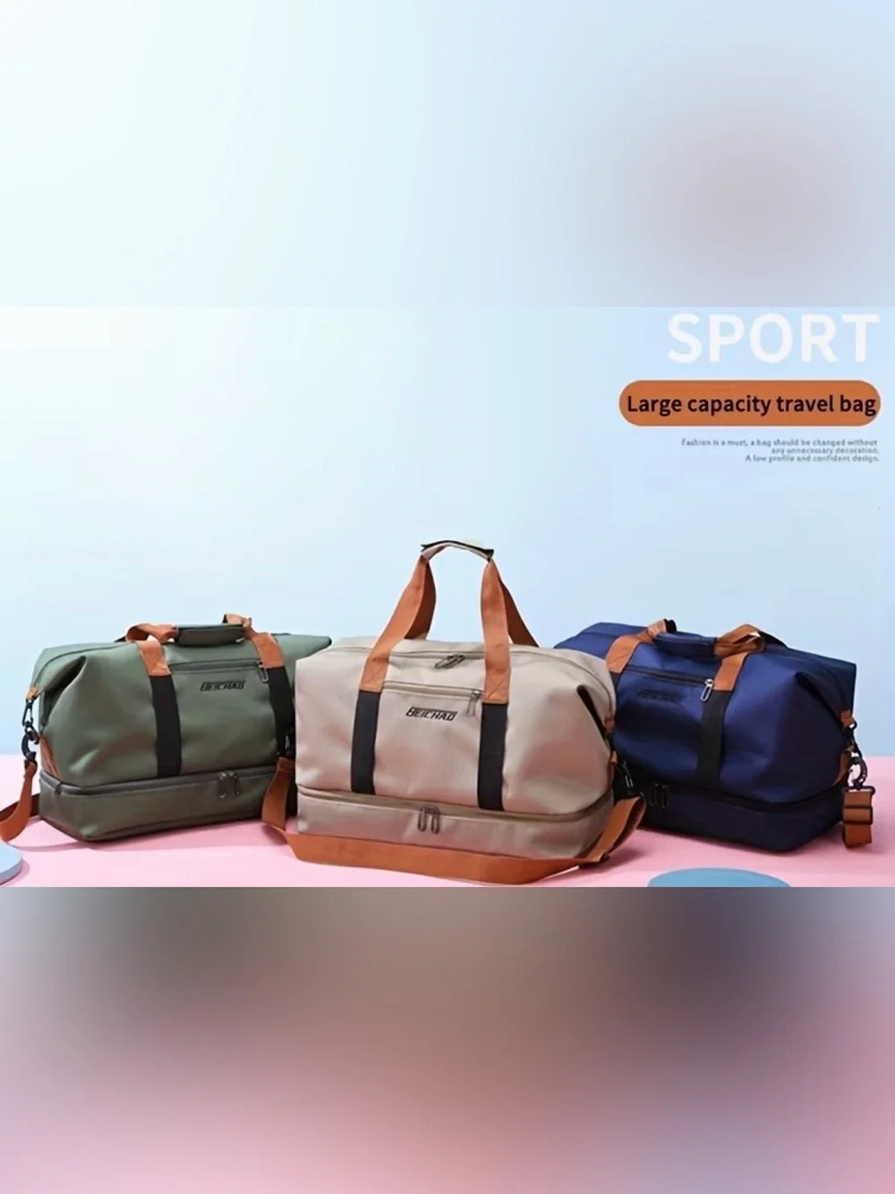 Navy Travel Duffel with Brown Handles
